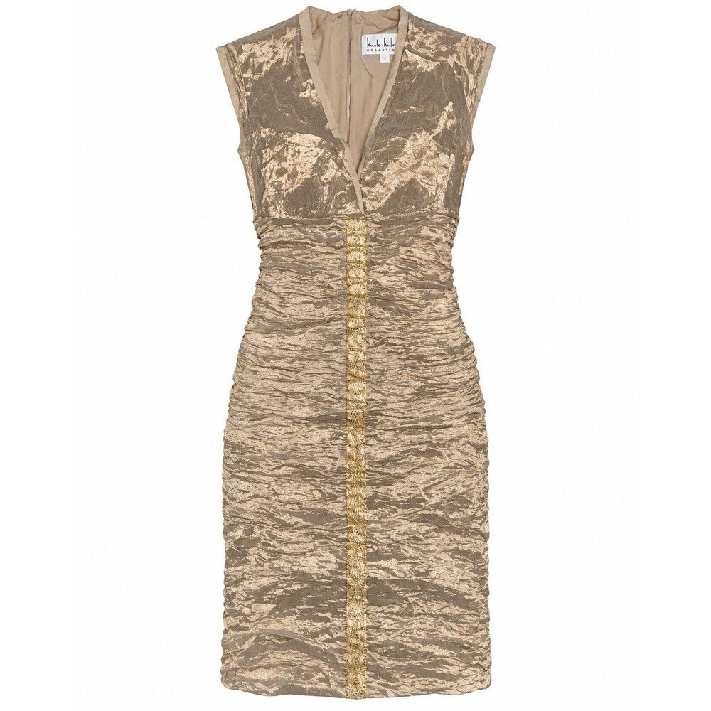 Vintage Y2K Nicole Miller Collection Gold Metallic Ruched Bodycon Dress 12